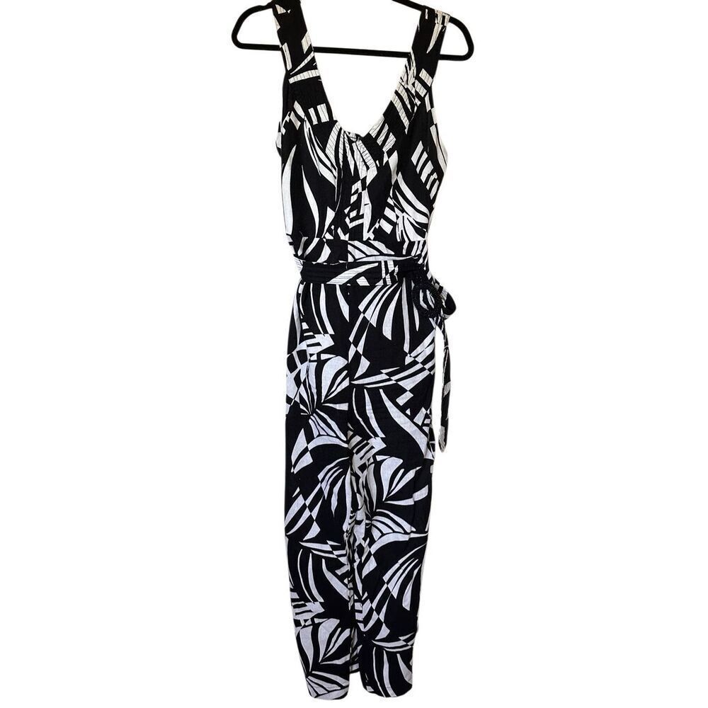 Tahari Linen Blend V-Neck Belted Women’s Jumpsuit Pants Romper Black/White Sz 10